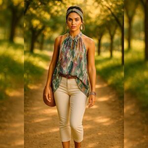 Haute Hippie Boho Abstract Watercolor Tunic Blouse XL | Tie Neck High Collar Top